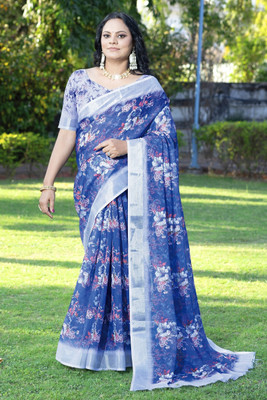 HIYAMI Printed Bollywood Cotton Linen Saree(Blue)