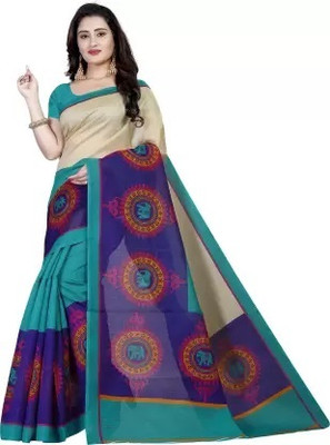 RUNAYA NX Printed Bollywood Cotton Blend Saree(Blue)