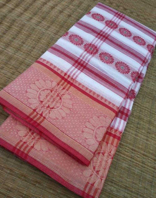 Ghosh handloom Temple Border Tant Cotton Blend Saree(White, Red)