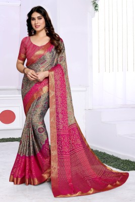 PinkEVE Sarees Floral Print, Self Design, Animal Print, Temple Border, Printed Daily Wear Chiffon, Brasso Saree(Grey, Pink)