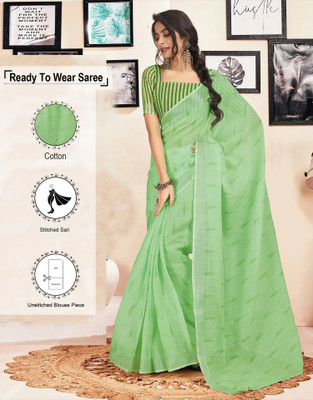 HIYAMI Solid/Plain Jamdani Pure Cotton Saree(Light Green)