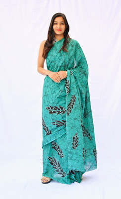 Printed Cotton Mulmul Saree Blocked Printed, Checkered, Digital Print, Dyed, Floral Print, Self Design, Printed Daily Wear Pure Cotton Saree(Light Blue)