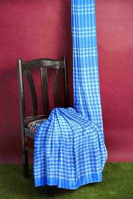 PRANATI ENTERPRISE Checkered Daily Wear Linen Saree(Light Blue, White)