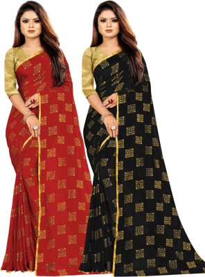 Desi Style Printed Bollywood Net, Chiffon Saree(Pack of 2, Red, Black)