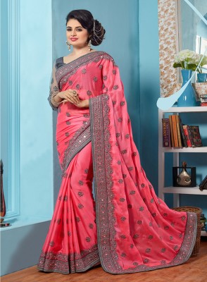 b bella creation Embroidered, Embellished Bollywood Art Silk Saree(Pink, Grey)