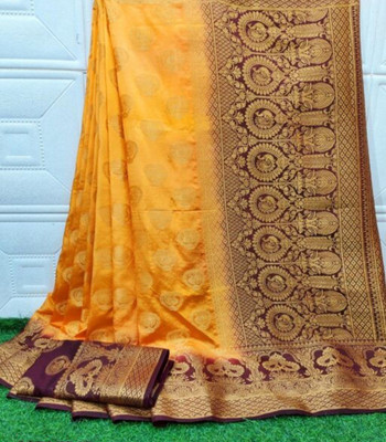 RadadiyaSons Woven Banarasi Jacquard Saree(Maroon, Orange)