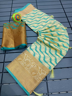 Soham Enterprise Self Design, Embellished, Paisley, Temple Border, Printed, Woven Kanjivaram Linen Saree(Cream)