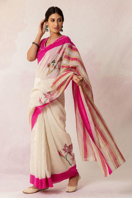 STAVA CREATION Printed Bollywood Linen Saree(White)