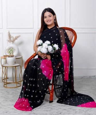 HouseOfCommon Digital Print, Printed, Self Design, Solid/Plain, Woven Daily Wear Chiffon Saree(Pink, Black)