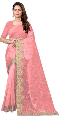 CLARAFASHION Embroidered Bollywood Net Saree(Cream)