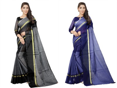 Saadhvi Striped Bollywood Net Saree(Pack of 2, Multicolor)