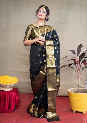 SareeChic Woven Kanjivaram Pure Silk Saree(Black)