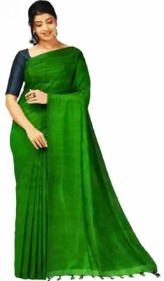 Radha Krishna Saree Solid/Plain Handloom Cotton Silk Saree(Green)