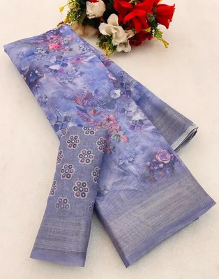 VCREATION Digital Print Bollywood Linen Saree(Purple)