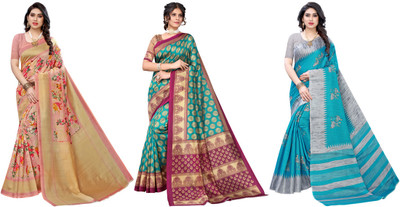 Nirvaan Printed, Woven Mysore Art Silk Saree(Pack of 3, Pink, Blue, Grey)