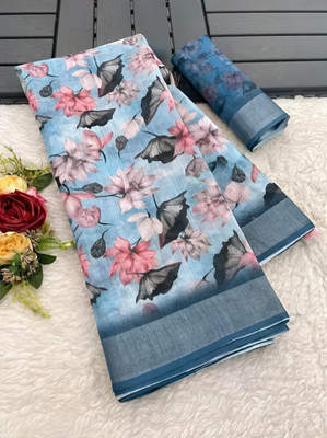 VCREATION Digital Print Bollywood Cotton Linen Saree(Light Blue)