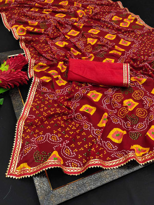 Kanooda Prints Printed Bandhani Georgette Saree(Multicolor)