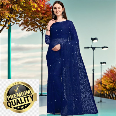 Online Bazaaar Embellished Bollywood Net Saree(Dark Blue)