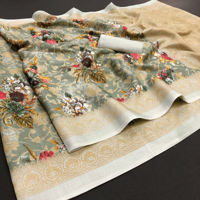 Kjs Floral Print Bollywood Cotton Blend Saree(Multicolor)