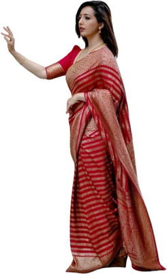 JATADHAR FAB Printed Jamdani Cotton Blend Saree(Red)