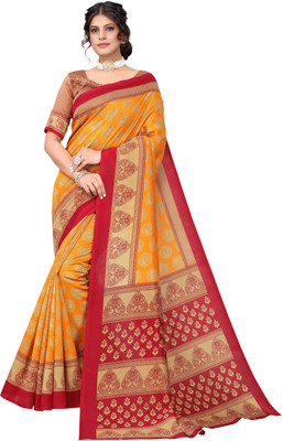siddharth textiles Printed Kanjivaram Cotton Silk Saree(Mustard, Red)