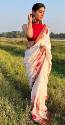 Mervadiya Floral Print Kanjivaram Cotton Linen, Linen Saree(White, Red)