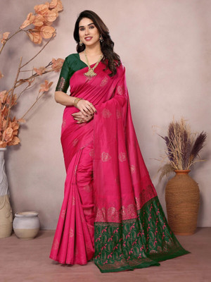 RAJESHWAR FASHION Woven Banarasi Jacquard Saree(Pink, Dark Green)