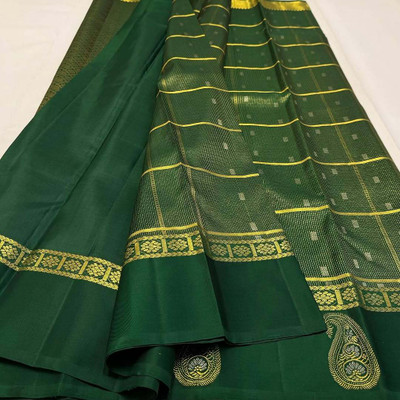 MIRMAN Striped Banarasi Pure Silk Saree(Green)