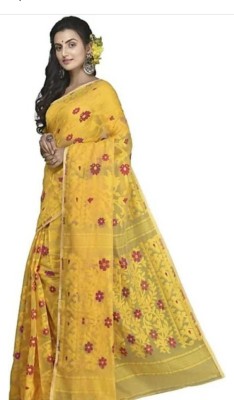 Fab Embroidered Jamdani Cotton Silk Saree(Yellow)