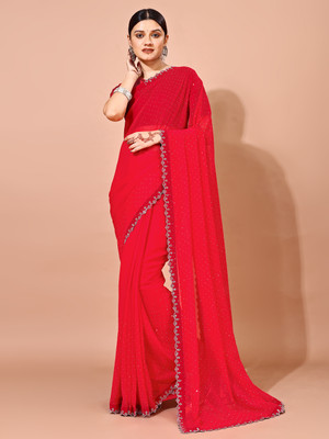 VIBHAGYAA Embellished Bollywood Chiffon Saree(Red)