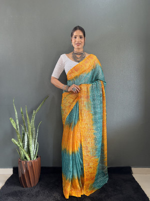 Julee Striped Bollywood Chiffon Saree(Yellow)
