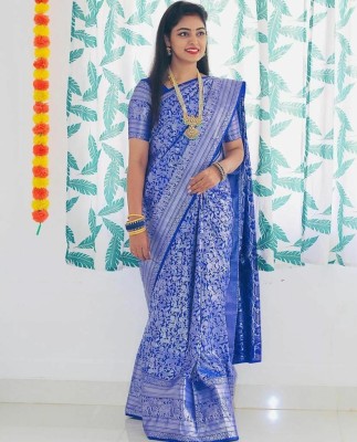 UK WORLDS Printed, Woven, Polka Print, Solid/Plain Banarasi Silk Blend, Jacquard Saree(Blue)