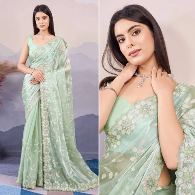 MADHI Embroidered Bollywood Organza Saree(Light Green)