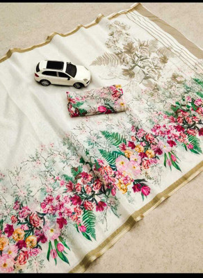 mahira Printed, Digital Print, Geometric Print, Floral Print Bollywood Linen, Cotton Linen Saree(White)