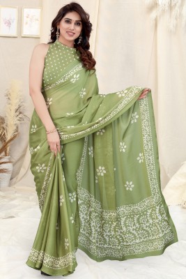 DAZLIO Printed, Blocked Printed Hand Batik Chiffon Saree(Light Green, White)