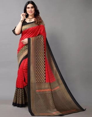 VCREATION Polka Print Assam Silk Art Silk Saree(Red)