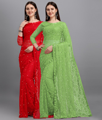 LOROFY Self Design Bollywood Net, Brasso Saree(Pack of 2, Multicolor)