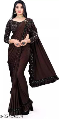PLEXSTAR Embellished Bollywood Lycra Blend Saree(Brown)