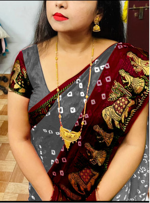 JERAVI Enterprise Printed Bandhani Art Silk Saree(Grey, Maroon)