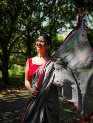 GHOSH TEXTILE Solid/Plain Handloom Cotton Blend Saree(Grey)