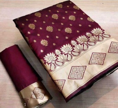 Aachari Self Design, Floral Print, Embellished, Woven, Applique Kanjivaram Jacquard, Pure Silk Saree(Maroon)