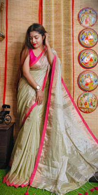 BiswasTextiles Self Design Handloom Cotton Blend Saree(Light Blue)