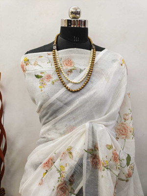 MAANVIT Self Design Kanjivaram Linen, Cotton Linen Saree(White)