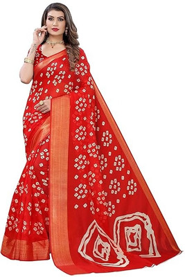 SVB Sarees Printed Bandhani Cotton Blend Saree(Light Blue)