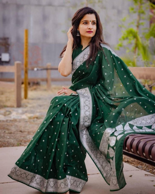 Rudr Ventures Embroidered Banarasi Silk Blend Saree(Green)