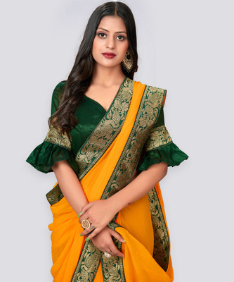 sadika Woven, Solid/Plain Bollywood Georgette, Chiffon Saree(Yellow, Gold, Green)