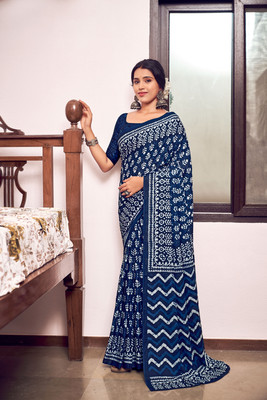 Igel Printed Daily Wear Pure Cotton, Mulmul Saree(Blue)
