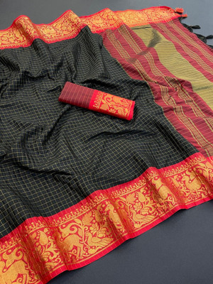A To Z Cart Checkered Bollywood Jacquard Saree(Black)