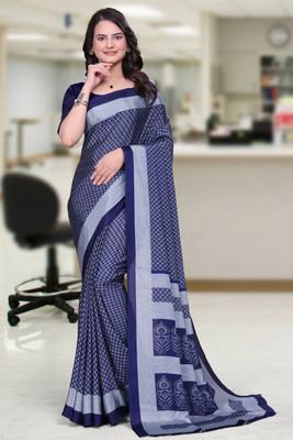 KONICA FAB Printed Daily Wear Crepe Saree(Dark Blue, Grey)