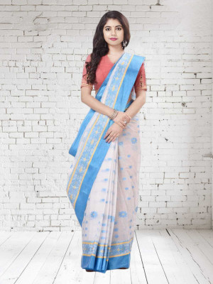 GOURAB HANDLOOM Printed Tant Pure Cotton Saree(Light Blue, White)